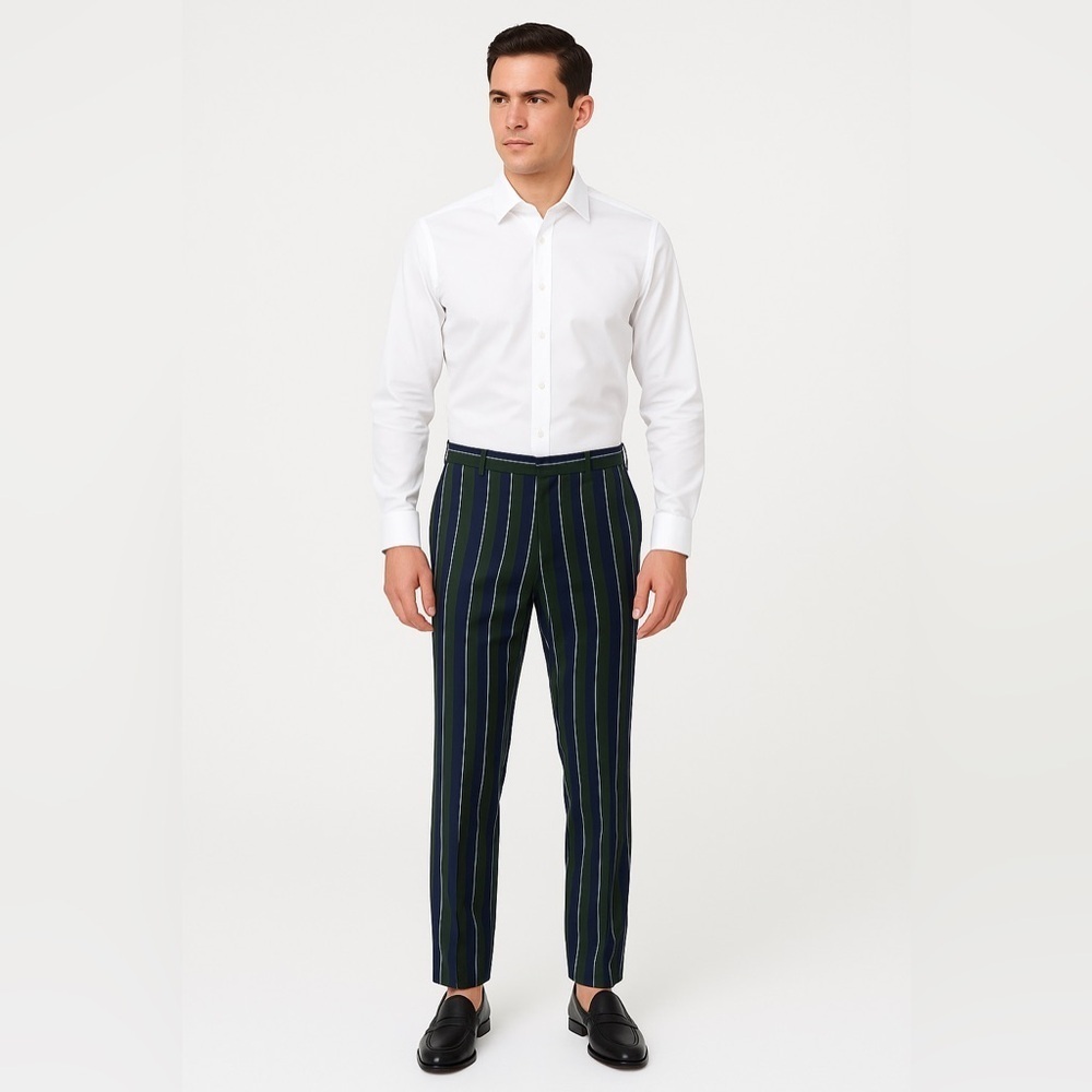 Burberry London England Wool Cotton Striped Pants Navy Green Sz 52 / 36R New